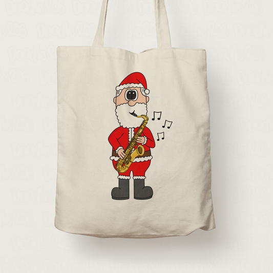 Sax Player Christmas Tote Bag - Santa Playing Saxophone - Funny Saxophonist Tote Bag - Sax Teacher Xmas Gift