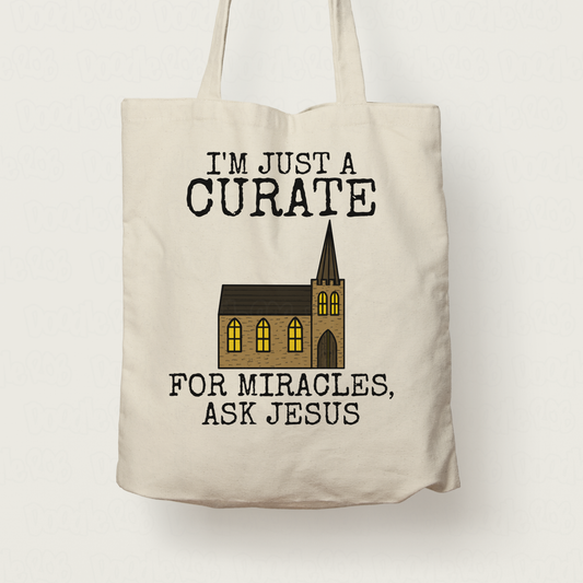 Funny Church Curate Tote Bag - For Miracles, Ask Jesus - Gift For Christian Ordinand