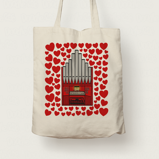 Church Organ With Hearts Tote Bag - Gift For Organist - Musician Valentines Anniversary Gift