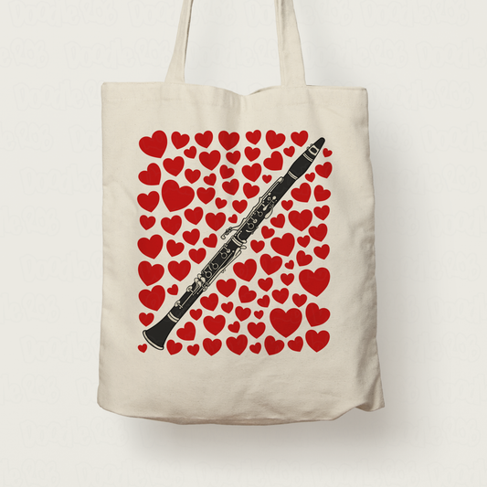 Clarinet With Hearts Tote Bag - Gift For Clarinetist - Woodwind Musician Valentines Anniversary Gift