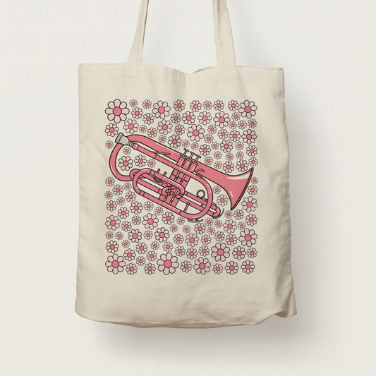 Cornet Floral Tote Bag (Pink Flowers) - Female Cornetist - Brass Musician Gift For Girl