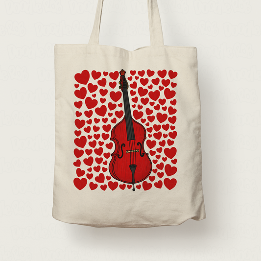 Double Bass With Hearts Tote Bag - Gift For Bassist - Jazz Musician Valentines Anniversary Gift