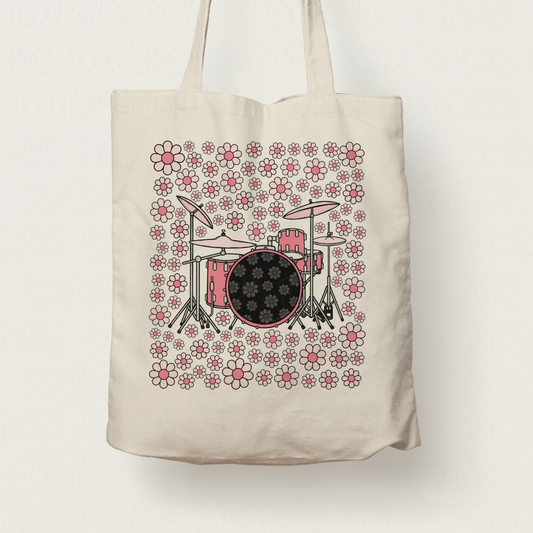 Drummer Floral Tote Bag (Pink Flowers) - Female Drummer - Percussionist Musician Gift For Girl