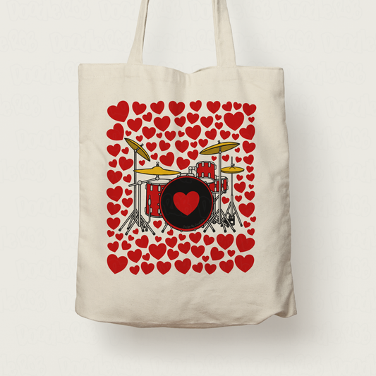 Drum Kit With Hearts Tote Bag - Gift For Drummer - Percussionist Musician Valentines Anniversary Gift
