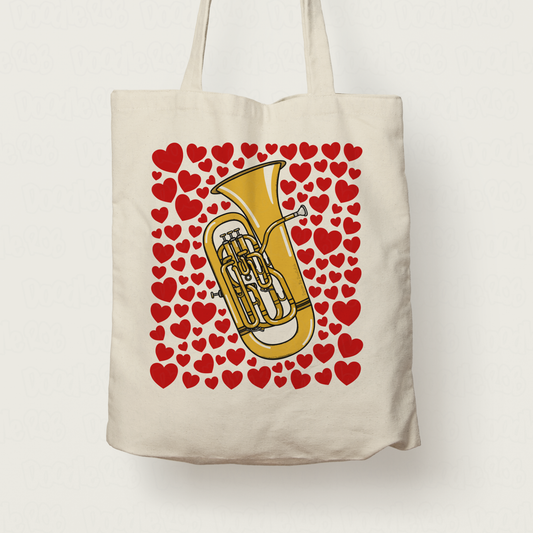 Euphonium With Hearts Tote Bag - Gift For Euphoniumist - Brass Musician Valentines Anniversary Gift