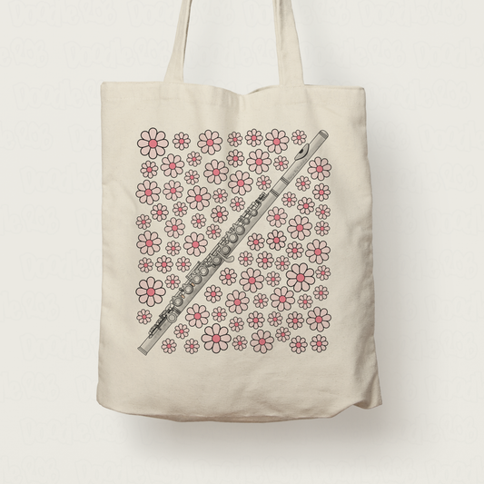 Flute Floral Tote Bag (Pink Flowers) - Female Flautist - Woodwind Musician Gift For Girl