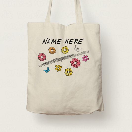 Floral Flute Tote Bag - Custom Gift For Flautist - Personalised Flute Gift For Her