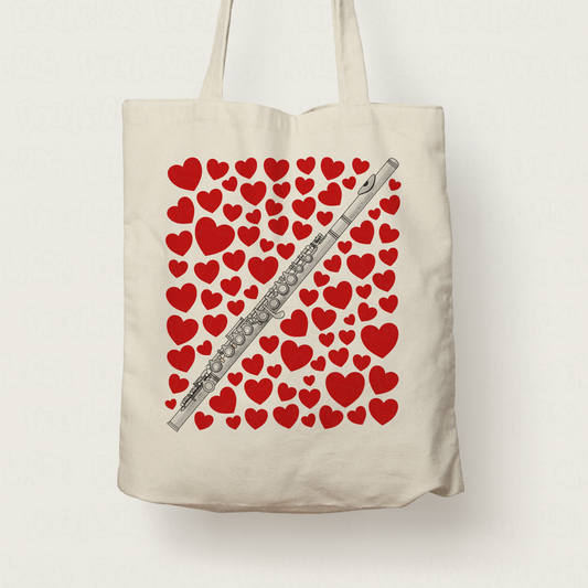 Flute With Hearts Tote Bag - Gift For Flautist - Woodwind Musician Valentines Anniversary Gift