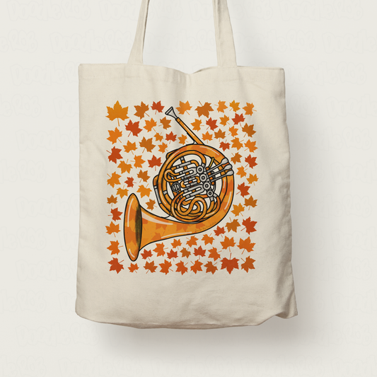 Autumn French Horn Tote Bag (Leaves) - Horn Player Tote Bag - Brass Musician Gift For Fall or Thanksgiving