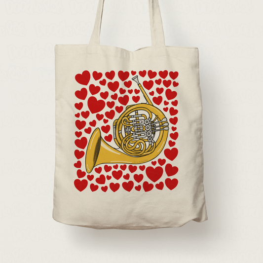 French Horn With Hearts Tote Bag - Horn Player Tote Bag - Brass Musician Valentines Anniversary Gift