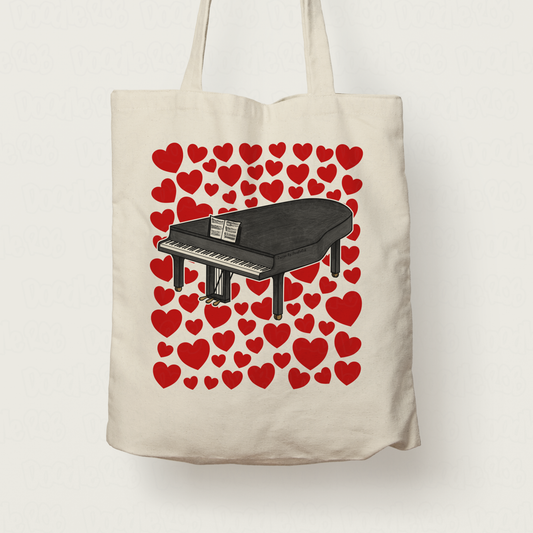 Grand Piano With Hearts Tote Bag - Gift For Pianist - Musician Valentines Anniversary Gift