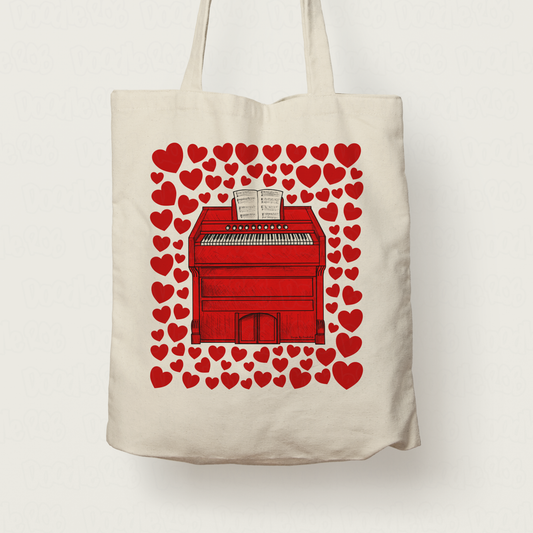 Harmonium With Hearts Tote Bag - Gift For Organist - Church Organ Tote Bag - Church Musician Valentines Anniversary Gift