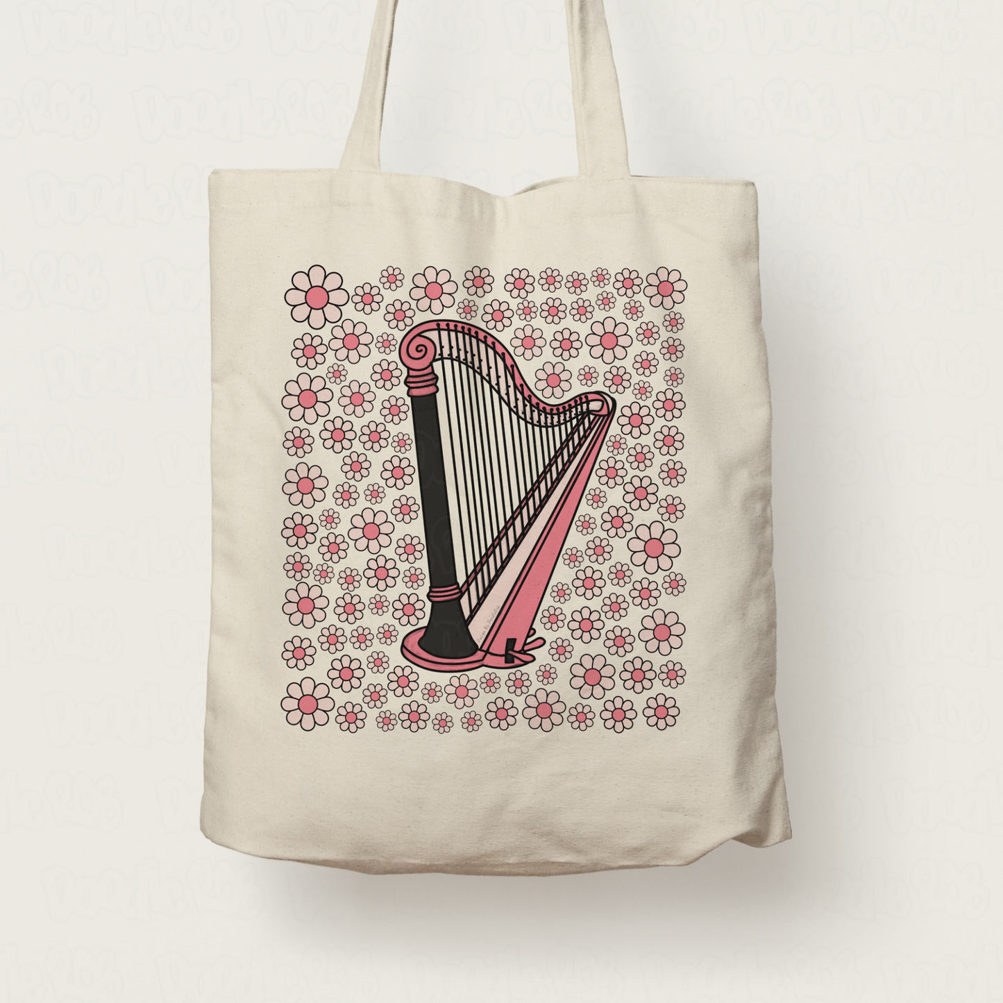 Harp Floral Tote Bag (Pink Flowers) - Female Harpist - String Musician Gift For Girl