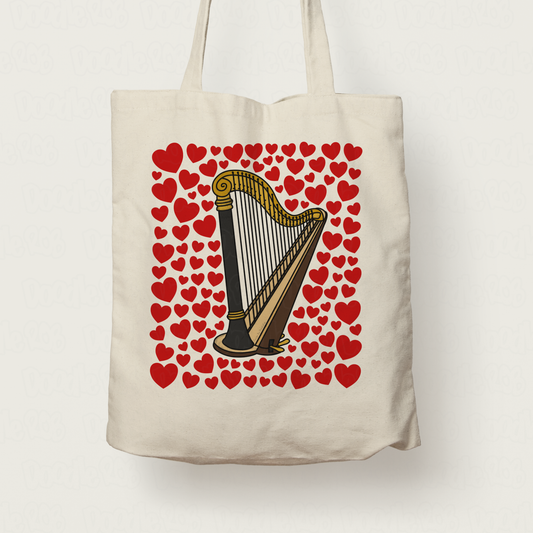 Harp With Hearts Tote Bag - Gift For Harpist - String Musician Valentines Anniversary Gift