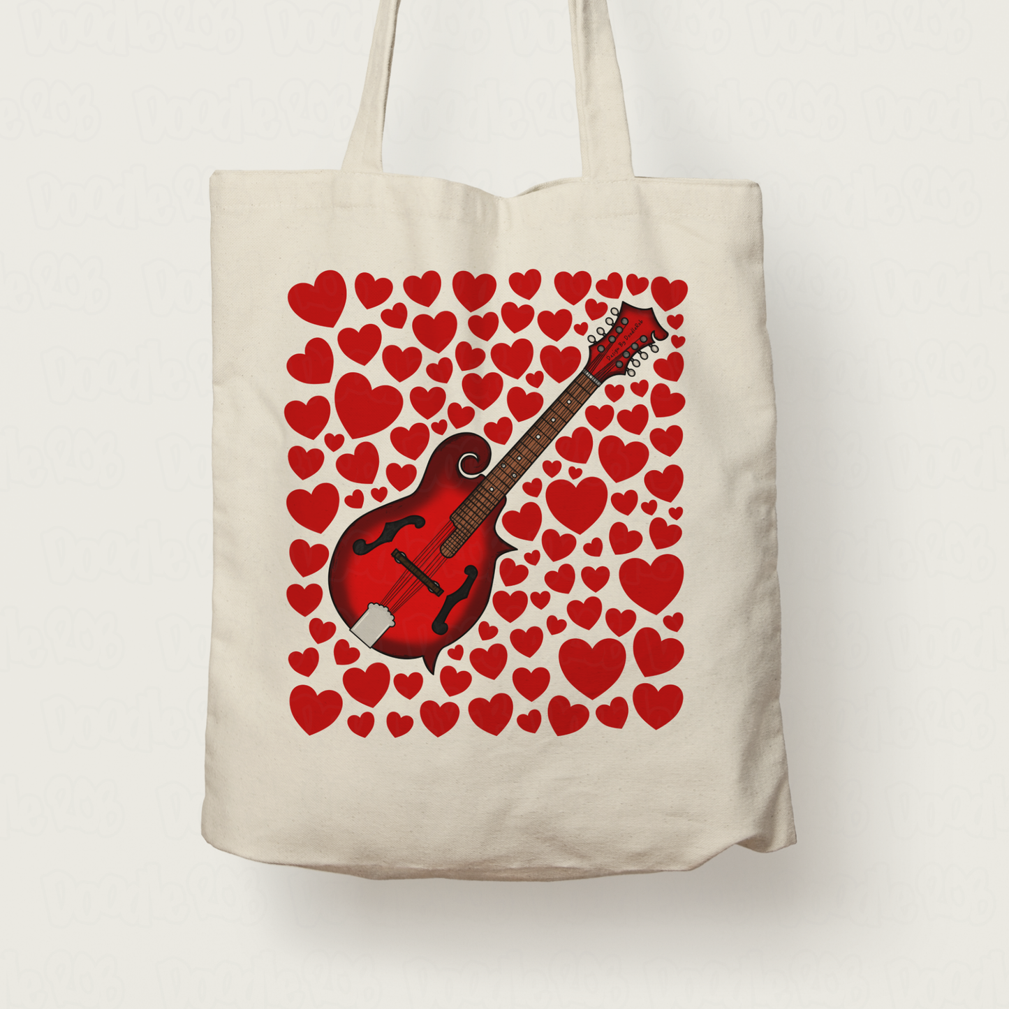 Mandolin With Hearts Tote Bag - Mandolinist Gift - Folk Musician Valentines Anniversary Gift