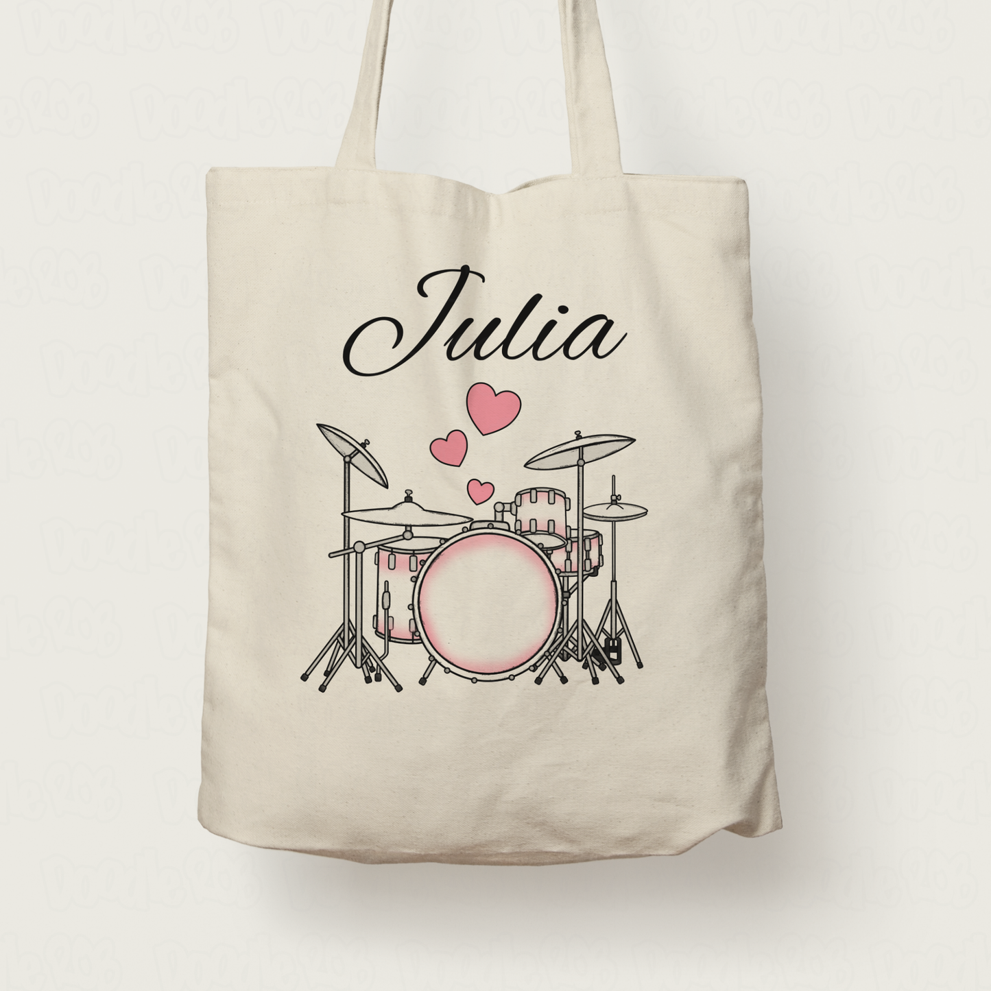 Wedding Drummer Personalised Tote Bag - Drum Kit With Pink Hearts - Musician Custom Gift