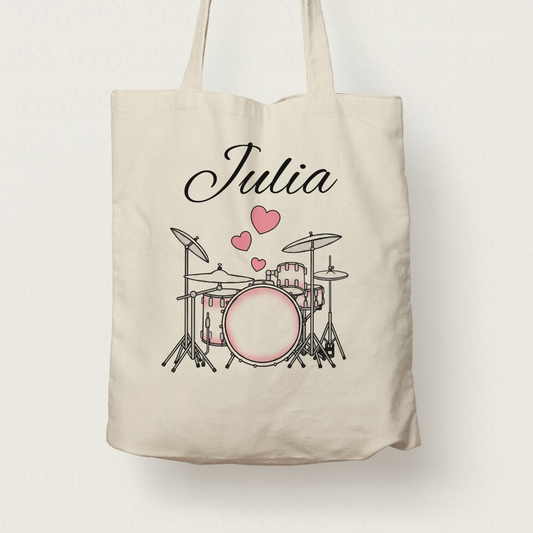 Wedding Drummer Personalised Tote Bag - Drum Kit With Pink Hearts - Musician Custom Gift
