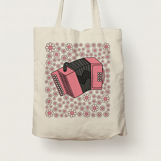 Accordion Floral Tote Bag (Pink Flowers) - Female Accordionist - Folk Musician Gift For Girl