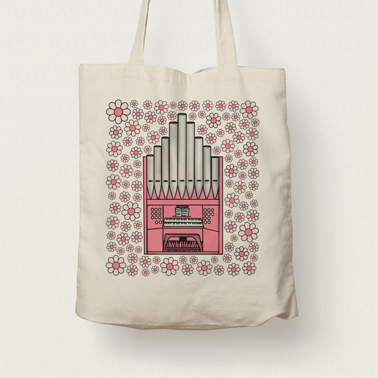 Church Organ Floral Tote Bag (Pink Flowers) - Female Organist - Musician Gift For Girl