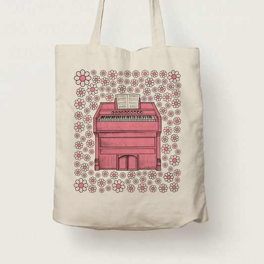 Harmonium Floral Tote Bag (Pink Flowers) - Female Organist - Musician Gift For Girl