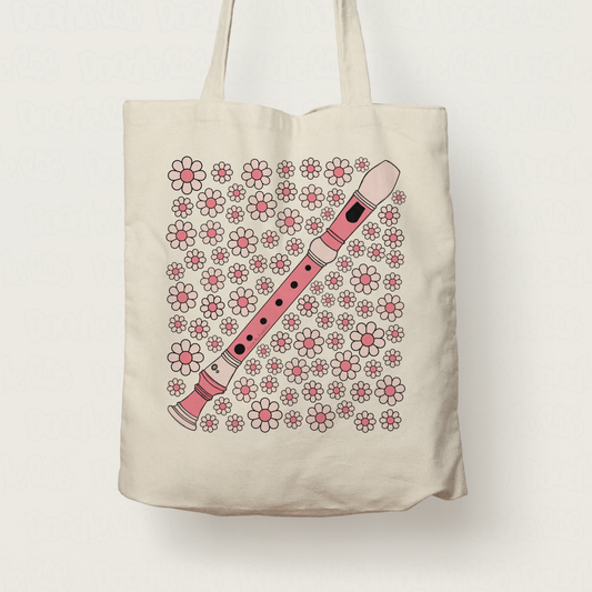 Recorder Floral Tote Bag (Pink Flowers) - Gift For Recorderist - Woodwind Musician Gift For Girl