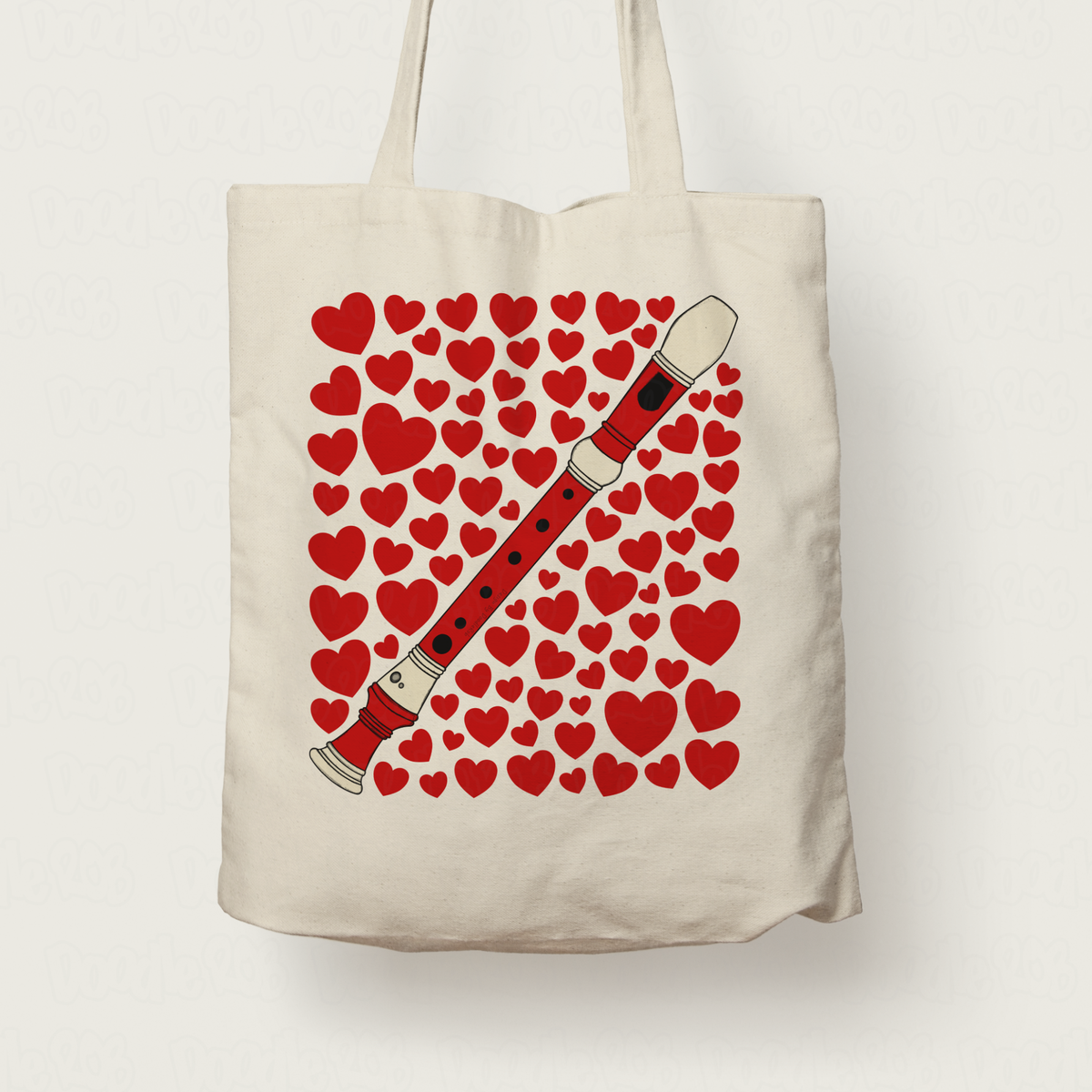 Recorder With Hearts Tote Bag - Gift For Recorderist - Woodwind Musician Valentines Anniversary Gift