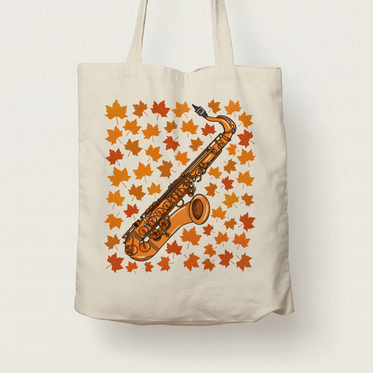 Autumn Saxophone Tote Bag (Leaves) - Saxophonist Tote Bag - Sax Player - Gift For Fall or Thanksgiving
