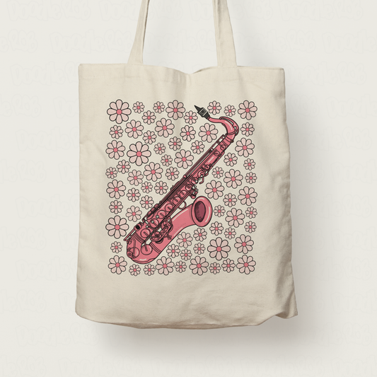Saxophone Floral Tote Bag (Pink Flowers) - Female Saxophonist - Woodwind Musician Gift For Girl