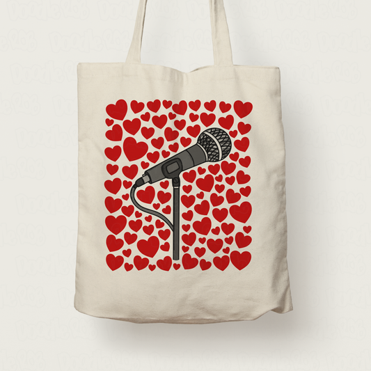 Singer Microphone With Hearts Tote Bag - Gift For Vocalist - Musician Valentines Anniversary Gift