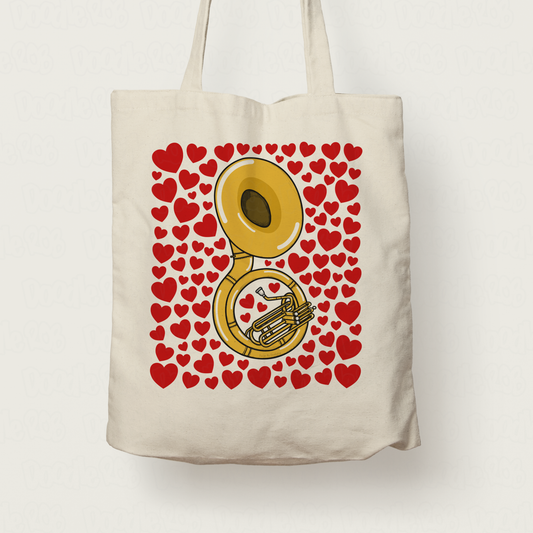 Sousaphone With Hearts Tote Bag - Gift For Sousaphonist - Brass Musician Valentines Anniversary Gift