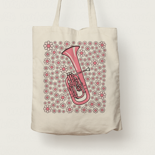 Tenor Horn Floral Tote Bag (Pink Flowers) - Female Horn Player - Brass Musician Gift For Girl