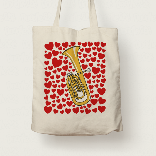 Tenor Horn With Hearts Tote Bag - Gift For Horn Player - Brass Musician Valentines Anniversary Gift