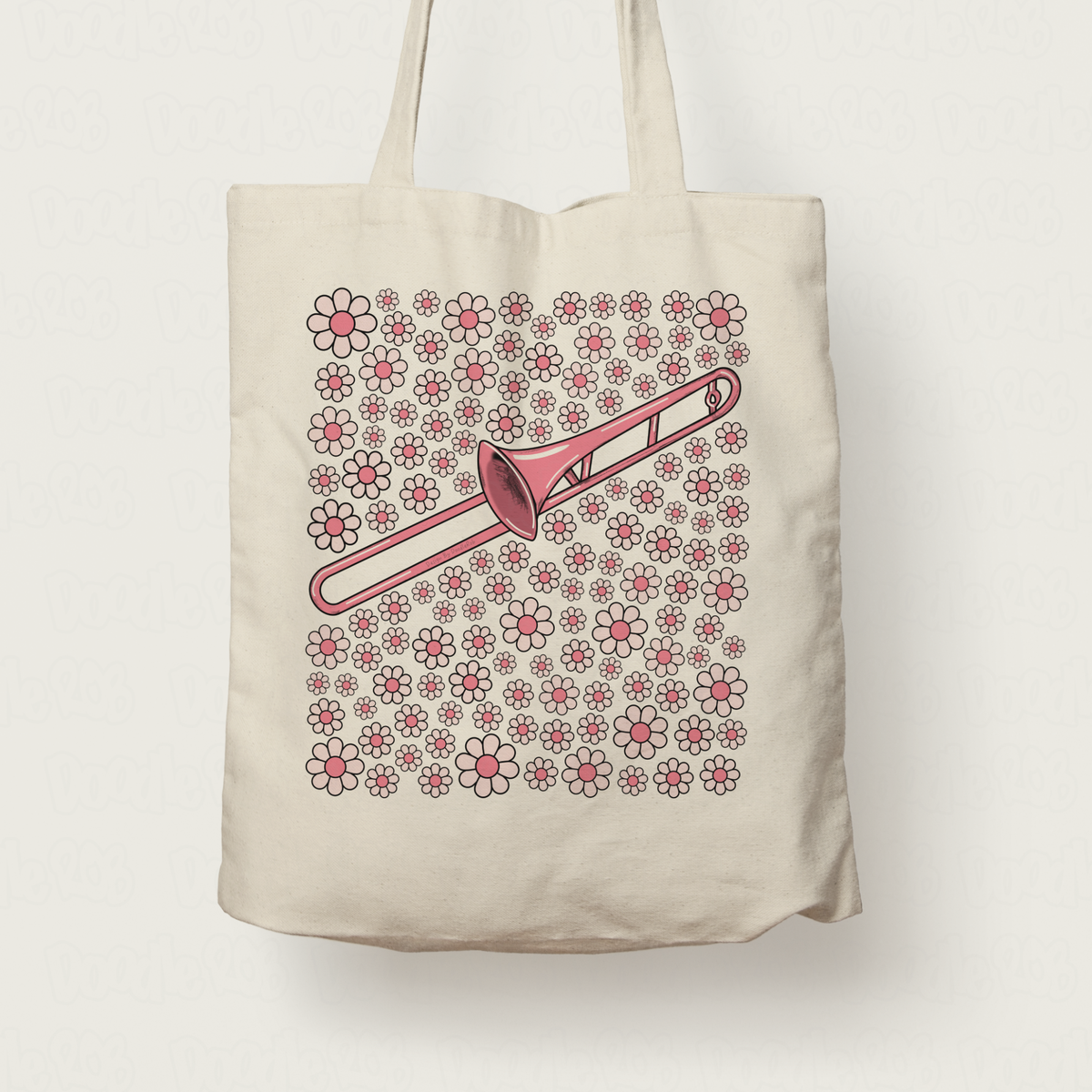 Trombone Floral Tote Bag (Pink Flowers) - Female Trombonist - Brass Musician Gift For Girl