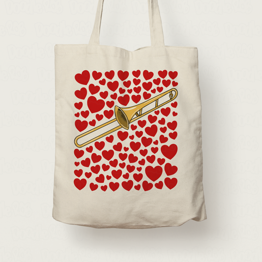 Trombone With Hearts Tote Bag - Gift For Trombonist - Brass Musician Valentines Anniversary Gift