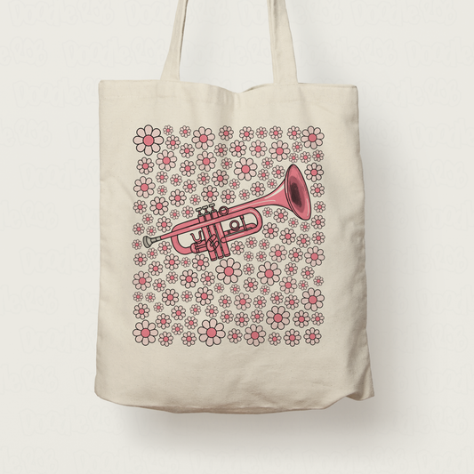 Trumpet Floral Tote Bag (Pink Flowers) - Female Trumpeter - Brass Musician Gift For Girl