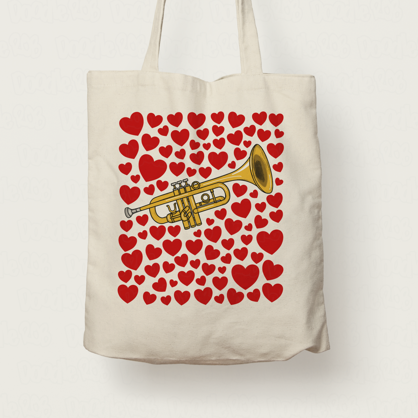 Trumpet With Hearts Tote Bag - Gift For Trumpeter - Brass Musician Valentines Anniversary Gift