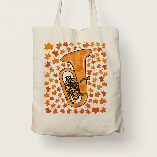 Autumn Tuba Tote Bag (Leaves) - Gift For Tubaist - Tuba Teacher Tote Bag - Brass Musician Gift For Fall or Thanksgiving