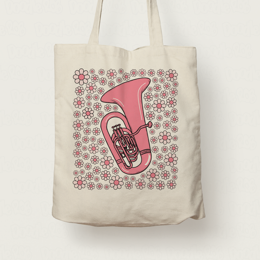 Tuba Floral Tote Bag (Pink Flowers) - Female Tubaist - Brass Musician Gift For Girl