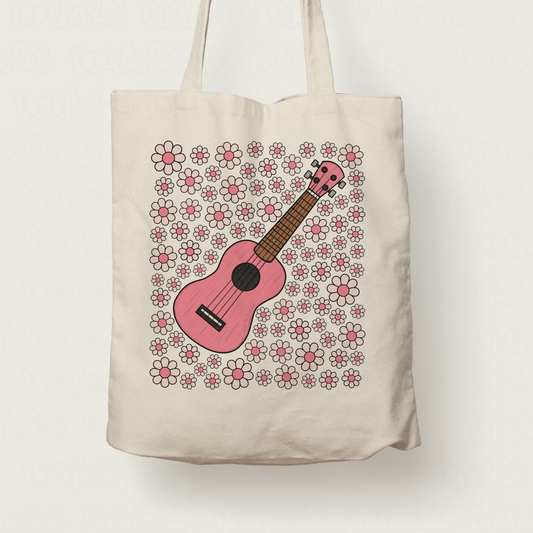 Ukulele Floral Tote Bag (Pink Flowers) - Female Uke Player - Musician Gift For Girl