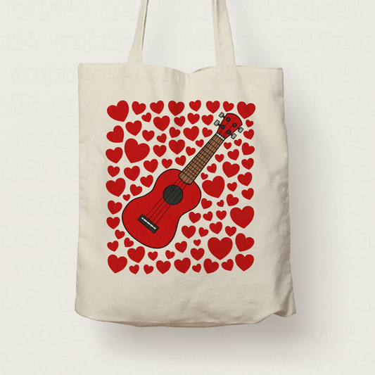 Ukulele With Hearts Tote Bag - Uke Player Gift - Musician Valentines Anniversary Gift