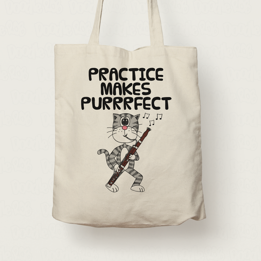 Cat Playing Bassoon Tote Bag - Practice Makes Purrrfect - Gift For Bassoonist - Woodwind Musician Orchestra Gift