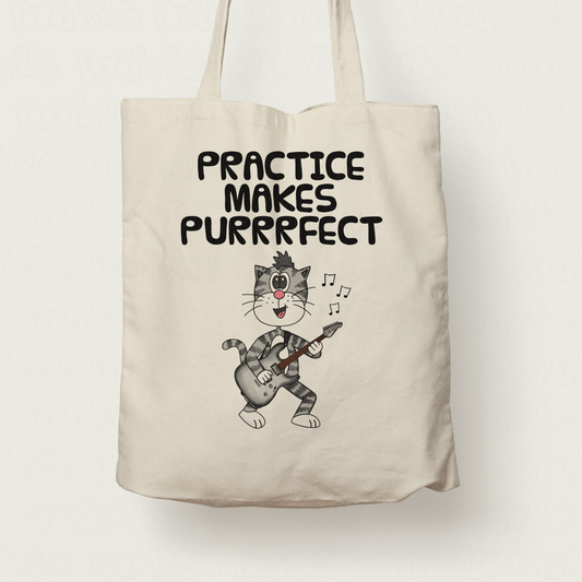 Cat Electric Guitar Tote Bag - Practice Makes Purrrfect - Funny Gift For Guitarist - Music Teacher Gift