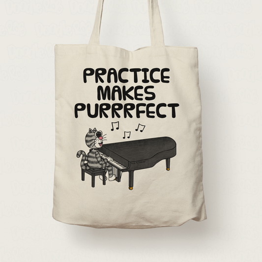 Cat Grand Piano Tote Bag - Practice Makes Purrrfect - Funny Gift For Pianist - Music Teacher Gift