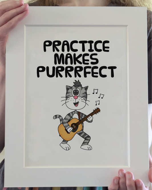 Cat Acoustic Guitar Art Print - Practice Makes Purrrfect - Guitarist Wall Art - Funny Music Teacher Gift