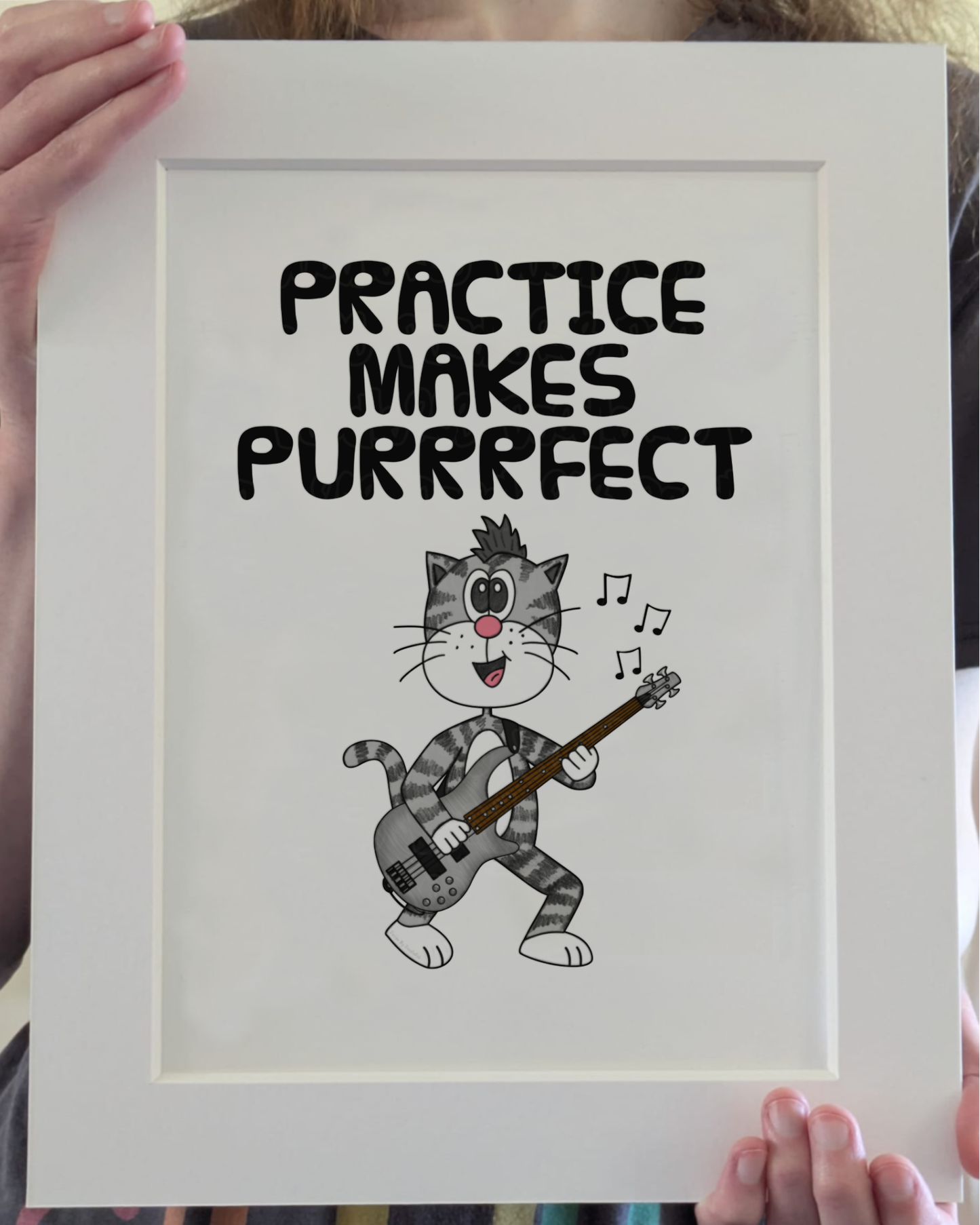 Cat Bass Guitar Art Print - Practice Makes Purrrfect - Bassist Wall Art - Funny Music Teacher Gift