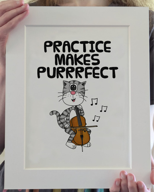 Cat Cello Art Print - Practice Makes Purrrfect - Cellist Wall Art - Funny Music Teacher Gift