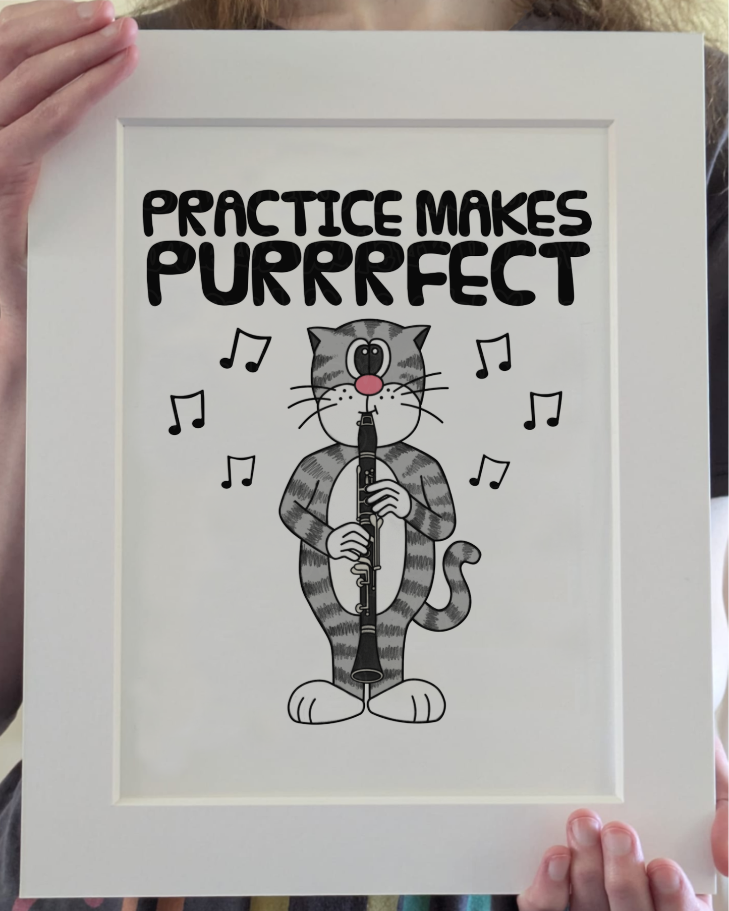 Cat Clarinet Art Print - Practice Makes Purrrfect - Clarinetist Wall Art - Funny Music Teacher Gift