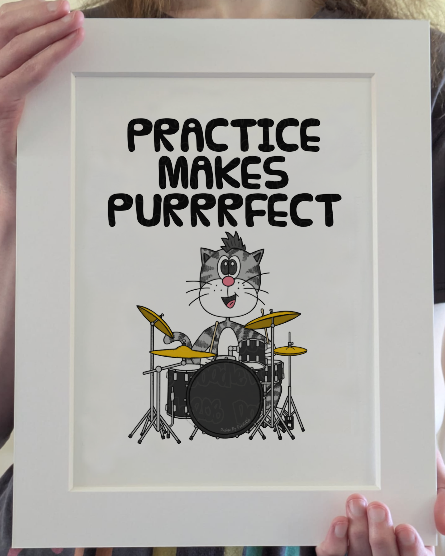 Cat Playing Drums Art Print - Practice Makes Purrrfect - Drummer Wall Art - Funny Music Teacher Gift