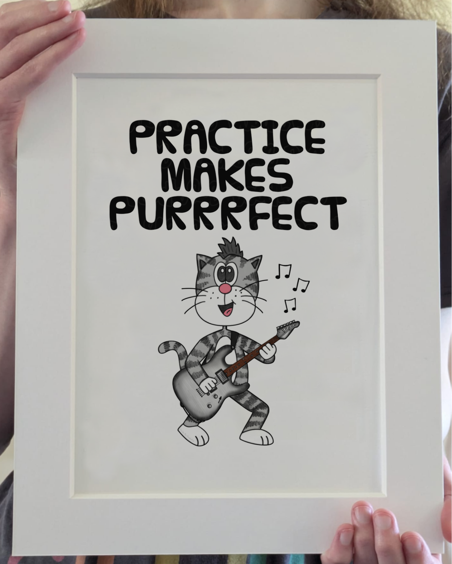 Cat Electric Guitar Art Print - Practice Makes Purrrfect - Guitarist Wall Art - Funny Music Teacher Gift