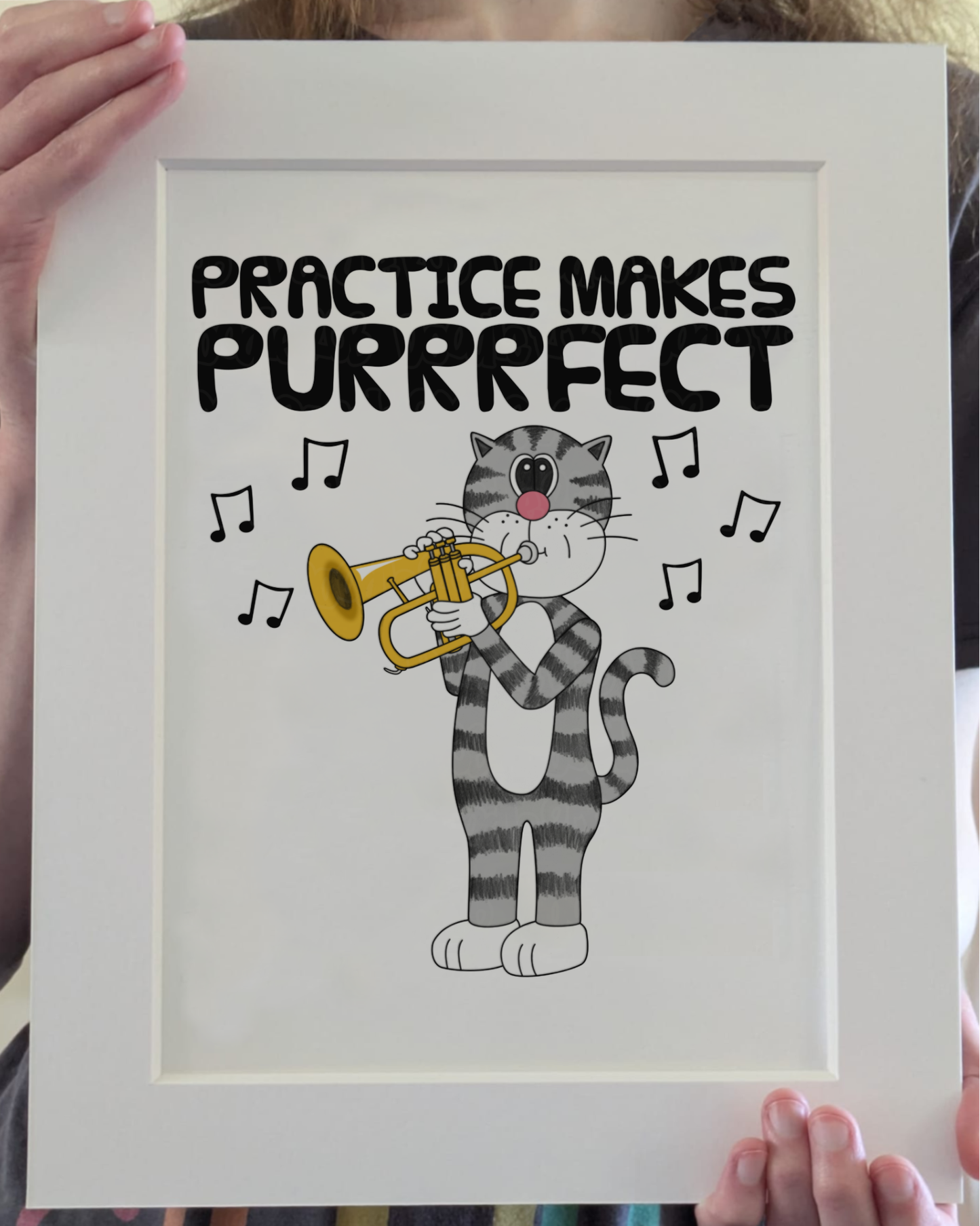 Cat Flugelhorn Art Print - Practice Makes Purrrfect - Horn Player Wall Art - Funny Brass Musician Decor